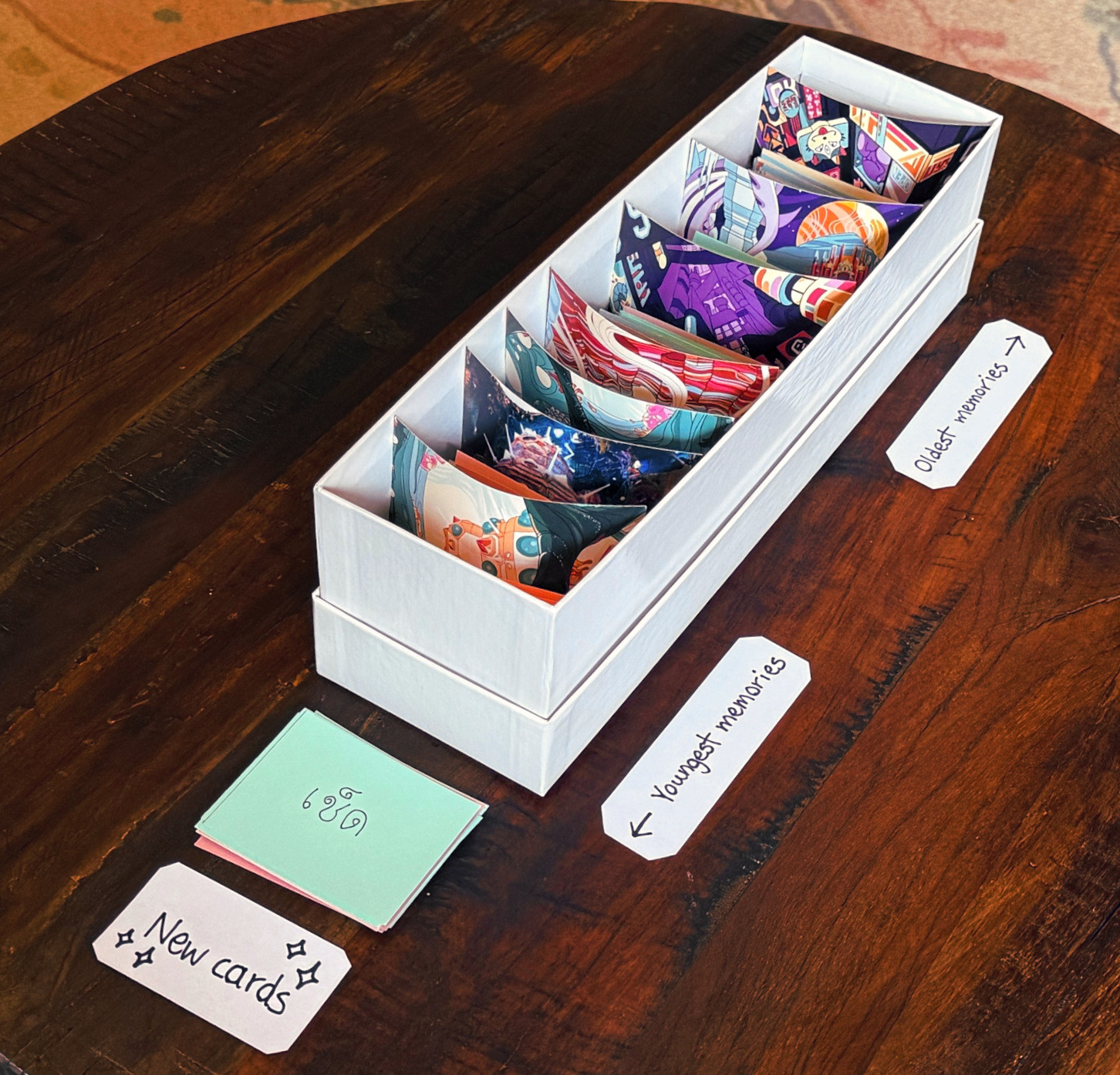 A white box with flash cards separated by colorful postcards.